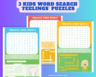 3 Kids Word Search 'Feelings' Puzzles