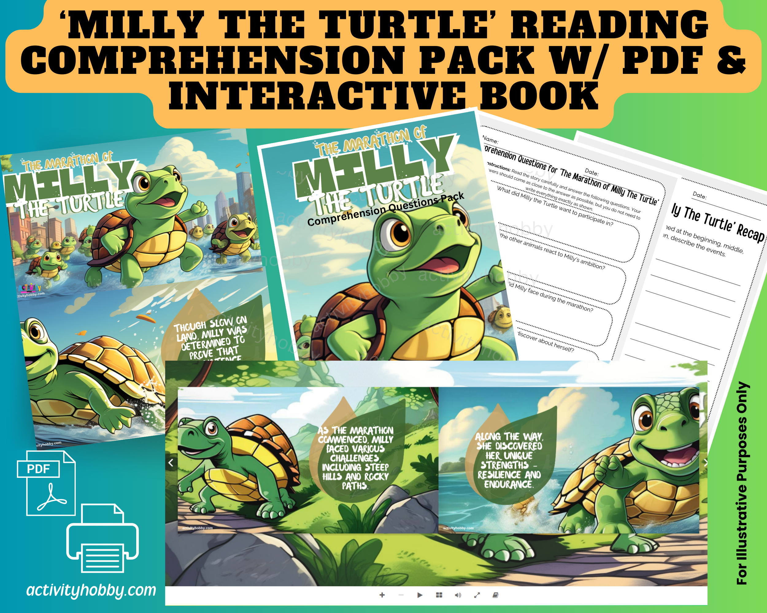 The Marathon of Milly the Turtle Reading Comprehension Pack W/ PDF & Interactive Flipbook