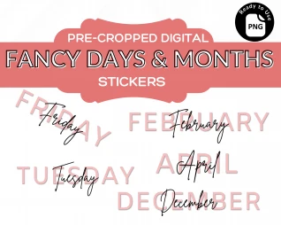 Pink & Black Pre-Cropped Digital Fancy Days & Months Stickers Volume 1