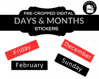 Pre-Cropped Digital Days & Months Stickers - Black & Red Bundle