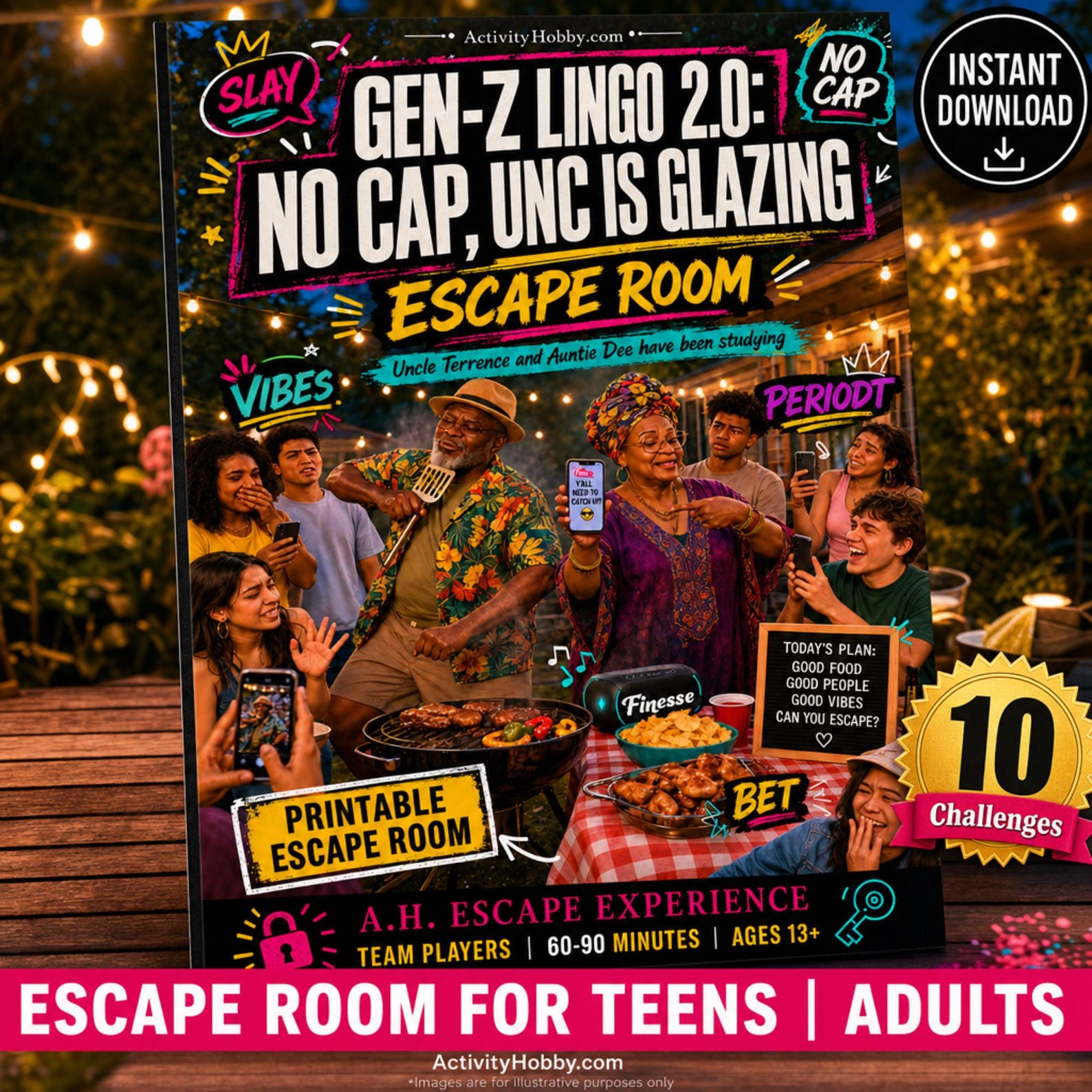 GEN-Z LINGO 2.0: NO CAP, UNC IS GLAZING! PRINTABLE ESCAPE ROOM KIT