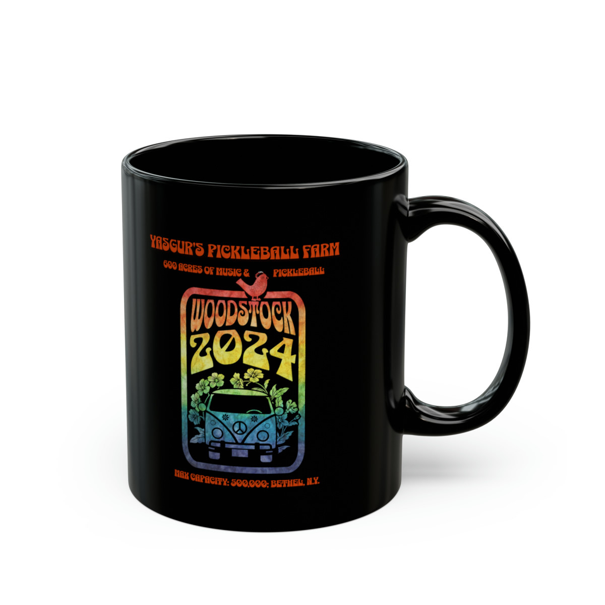Yasgur's Pickleball Farm. Woodstock Tribute. Black Mug (11oz, 15oz)