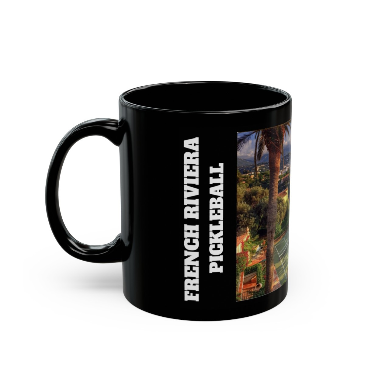 French Riviera Pickleball. Black Mug (11oz)
