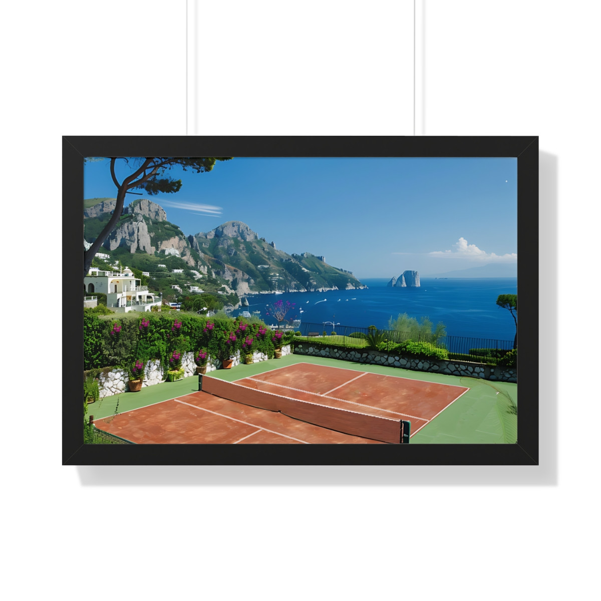 Capri, Italy Pickleball. Fantasy Pickleball scene. Framed Horizontal Poster
