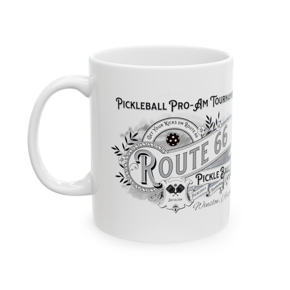 Pro-Am Pickleball Tournament on Route 66.Funny pickleball mug. Ceramic Mug 11oz. Gift for men and women.