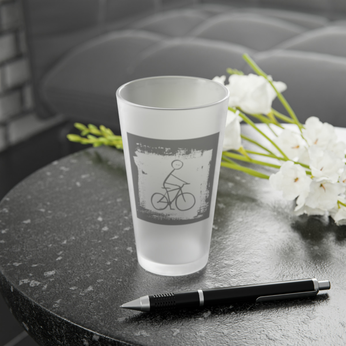 Kiveos Stickman Bicycle Frosted Pint Glass, 16oz