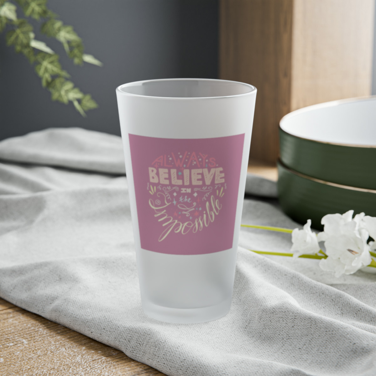 Kiveos Always Believe Frosted Pint Glass, 16oz
