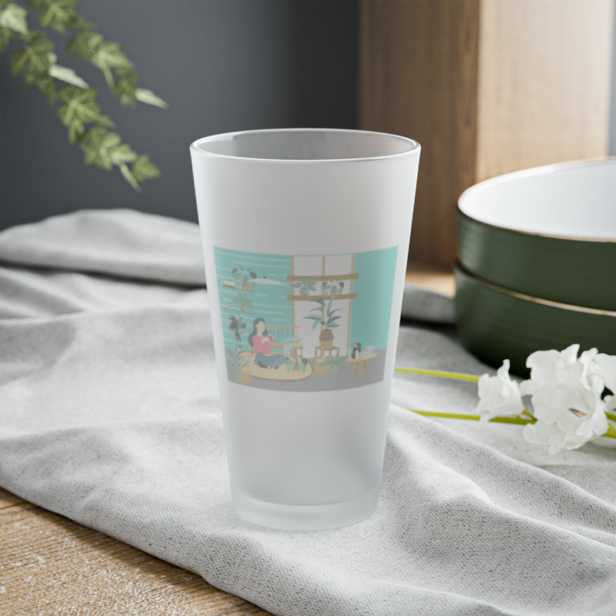 Kiveos Relaxing Woman Frosted Pint Glass, 16oz