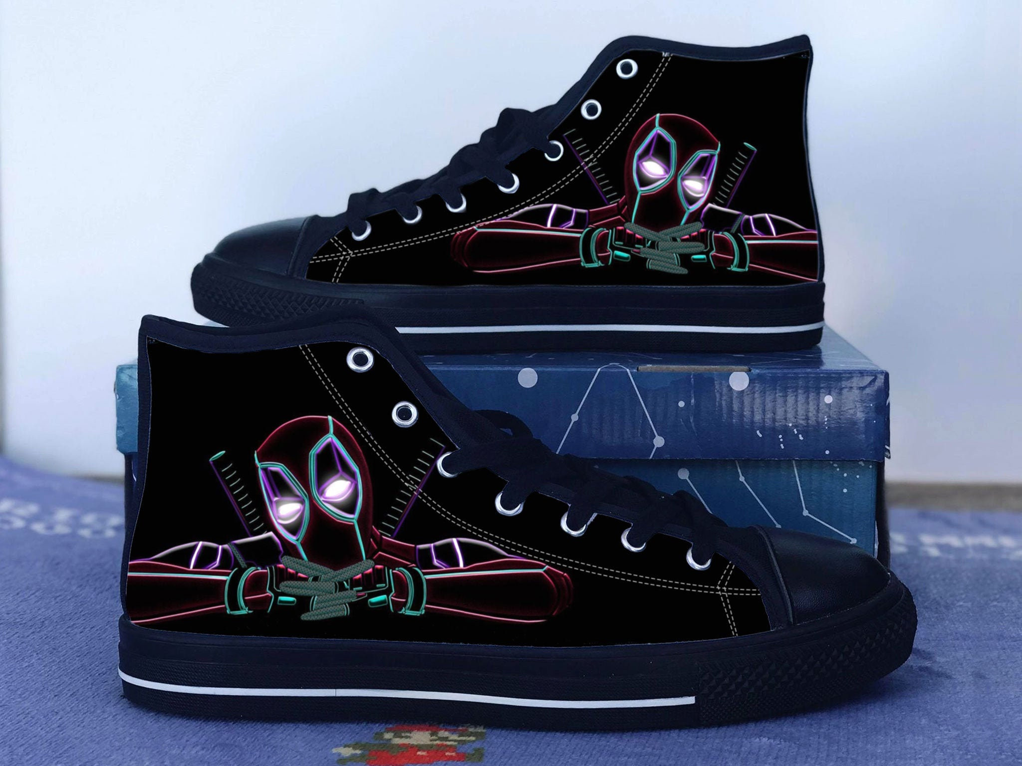 Deadpool Shoes, Deadpool Neon Converse Style Shoes, Deadpool Fan Gift Idea, Women's Men's High Top Sneakers