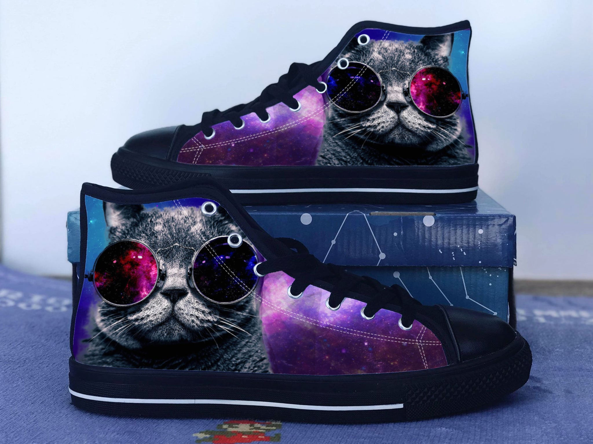 Galaxy Cat Shoes, Purple Galaxy Kitty Converse Style Shoes, Space Gift Idea, Women's Men's High Top Sneakers