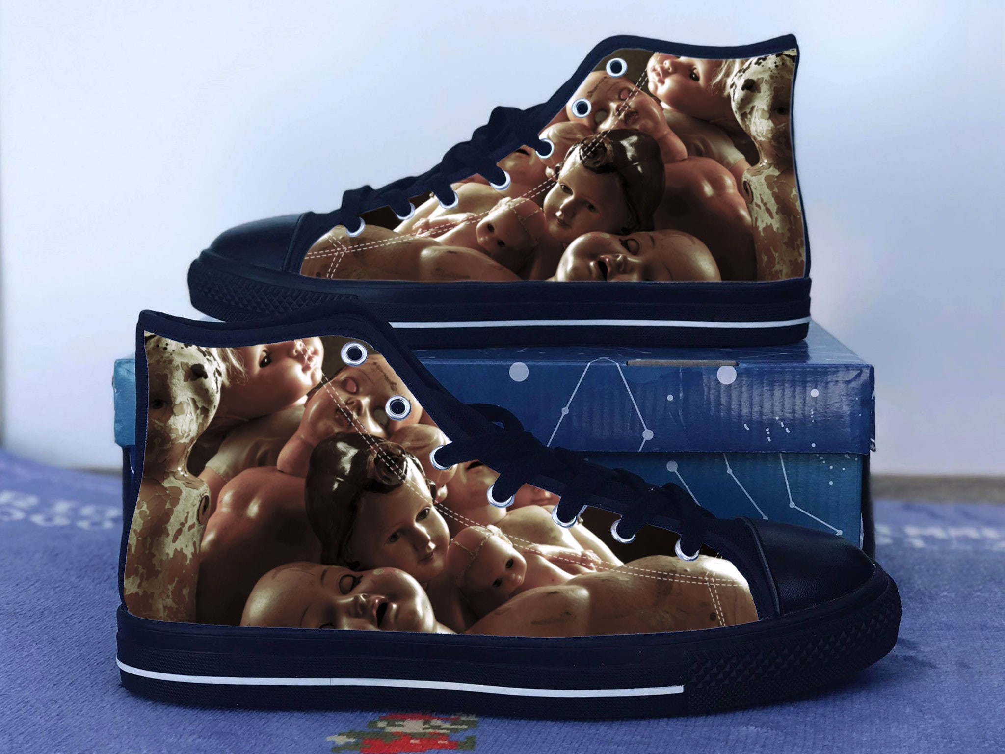 Creepy Dolls Shoes, Horror Converse Style Shoes,  Macabre Fan Gift Idea, Women's Men's High Top Sneakers