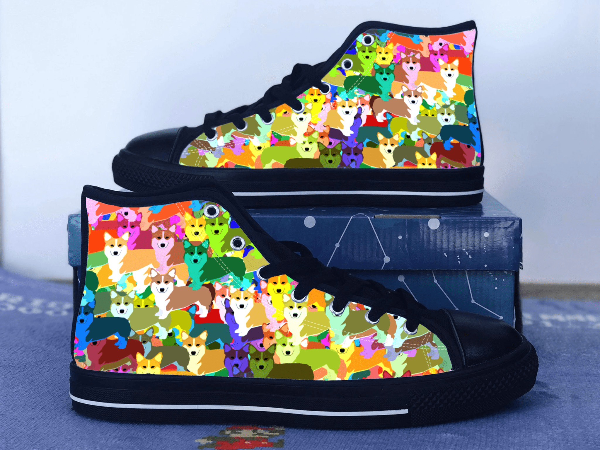 Pembroke Welsh Corgi Shoes, Rainbow Corgi Converse Style Shoes, Dog Lover Gift Idea, Women's Men's High Top Sneakers