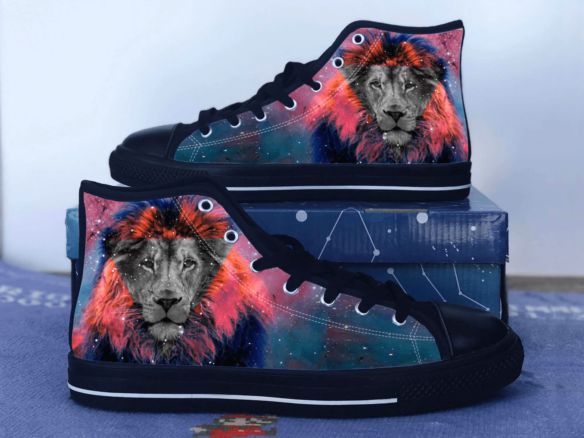 Lion Galaxy  Shoes, Animal Lover Converse Style Shoes, Space Gift Idea, Women's Men's High Top Sneakers