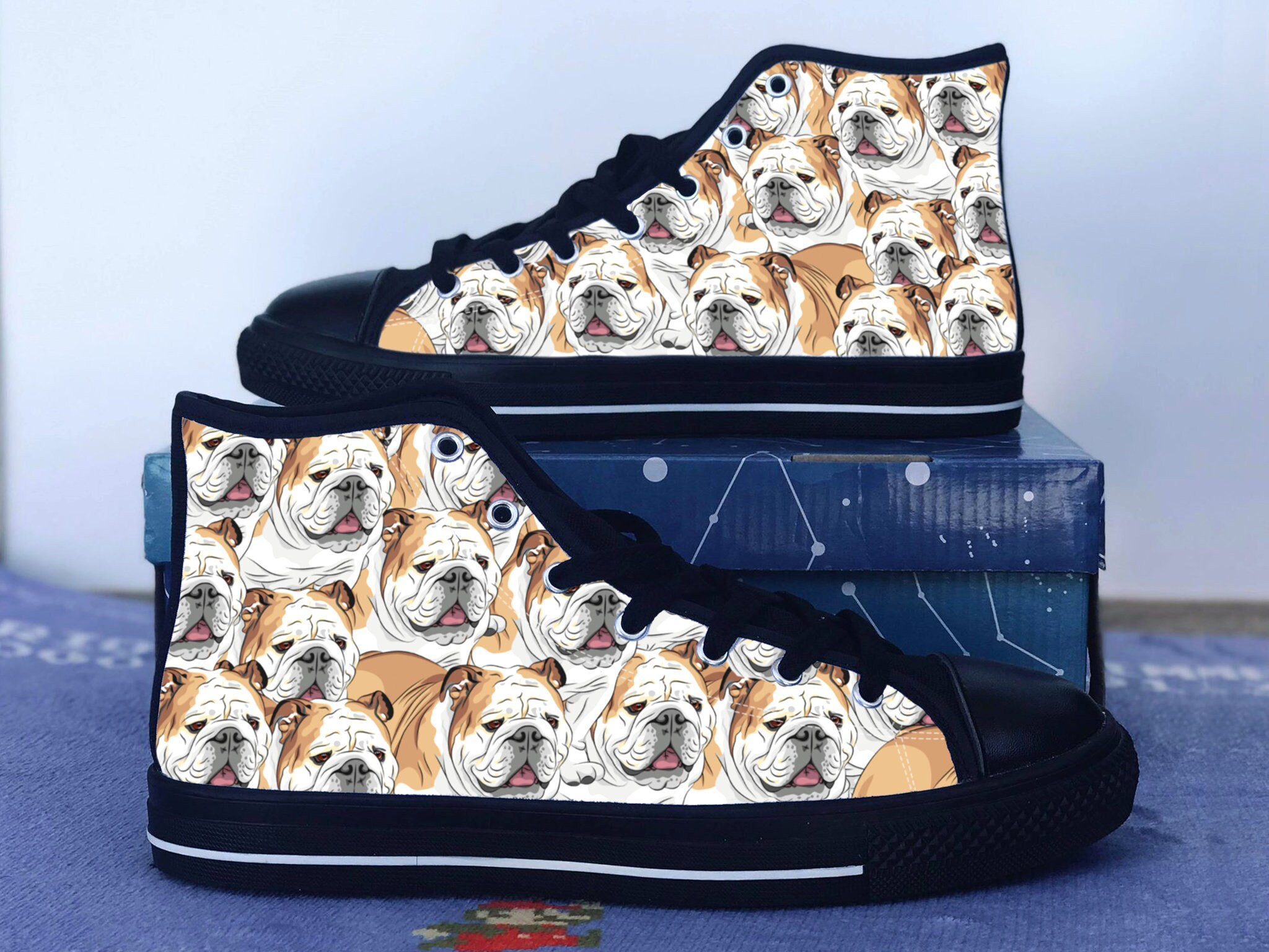 English Bulldog Shoes, English Bulldog Converse Style Shoes, Dog Lover Gift Idea, Women's Men's High Top Sneakers