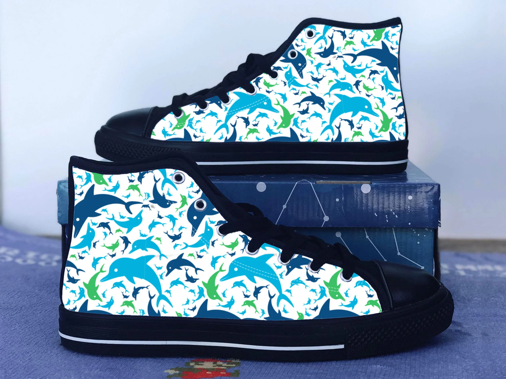 Dolphin Shoes, Aquatic Converse Style Shoes,  Dolphin  Gift Idea, Women's Men's High Top Sneakers