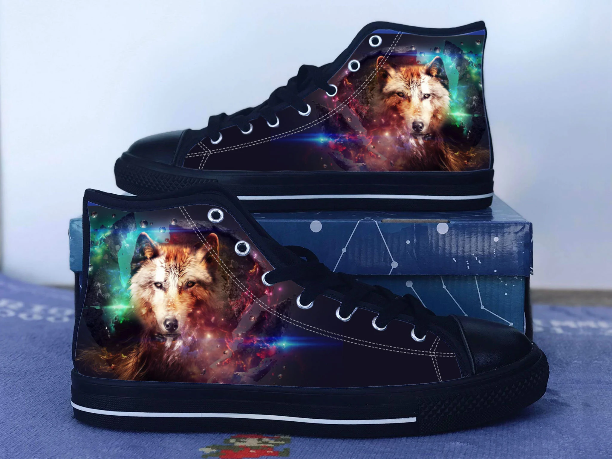 Wolf Shoes, Galaxy Wolf Converse Style Shoes, Wolf Lover Gift Idea, Women's Men's High Top Sneakers
