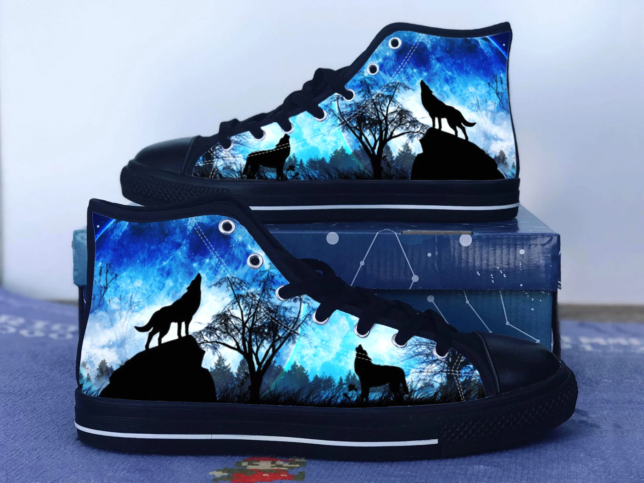 Wolf Shoes, Howl Converse Style Shoes,  Animal Fan Gift Idea, Women's Men's High Top Sneakers