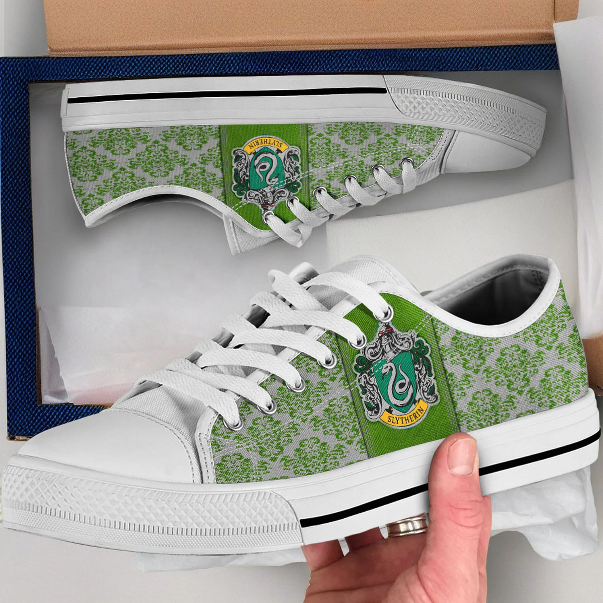 Slytherin Shoes, Slytherin Converse Style Shoes, Slytherin Gift Idea, Women's Men's High Top Sneakers