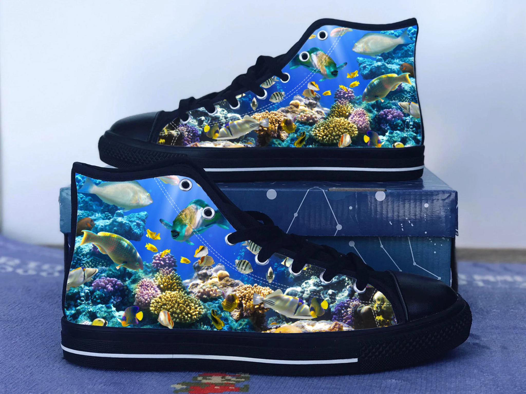 Aquarium Shoes, Fish Converse Style Shoes,  Ocean Fan Gift Idea, Women's Men's High Top Sneakers