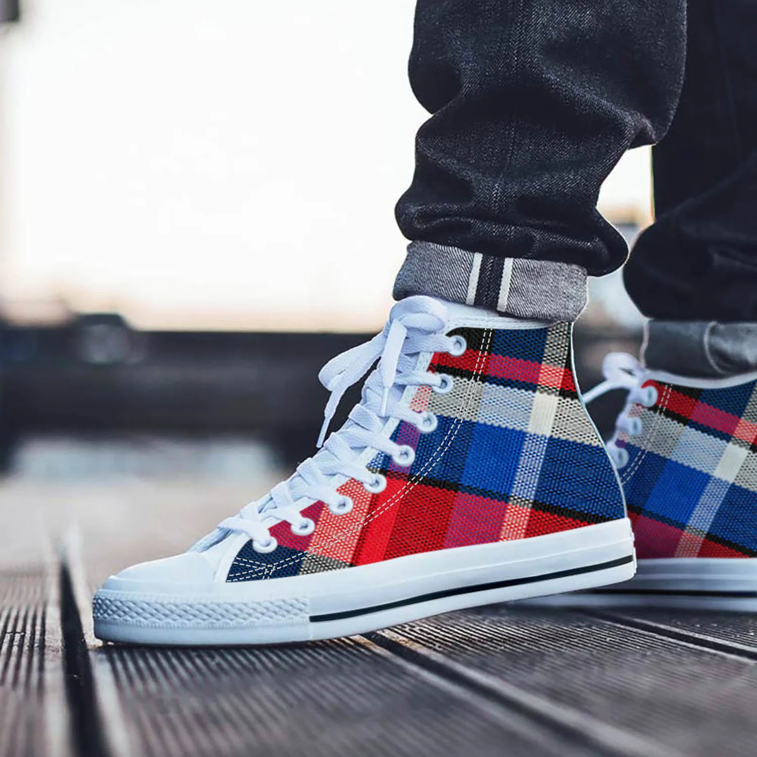 Plaid Shoes, Plaid High Top Sneaker, Red Blue Converse style hightop, custom shoe, mom dad child shoe