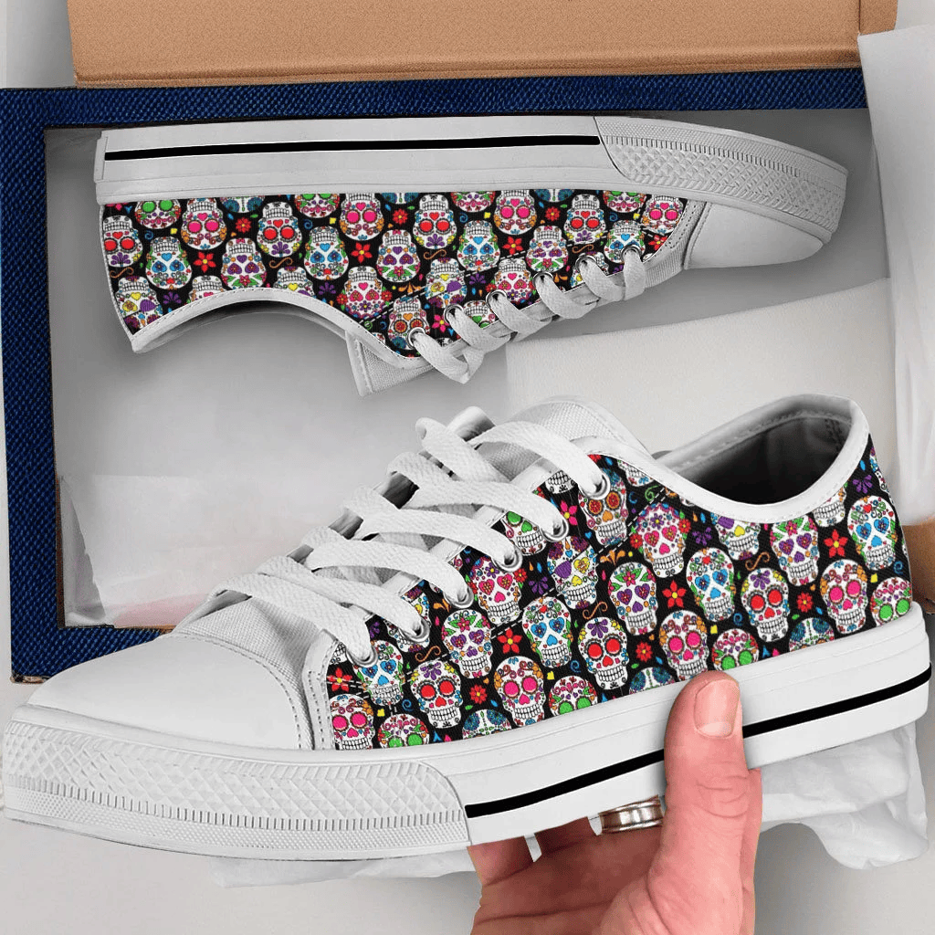 Custom Sugar Skulls Low Top Sneakers, Dia de los Muertos Shoes, Converse Van Style, Family Matching Shoes for Mom, Dad, Kids
