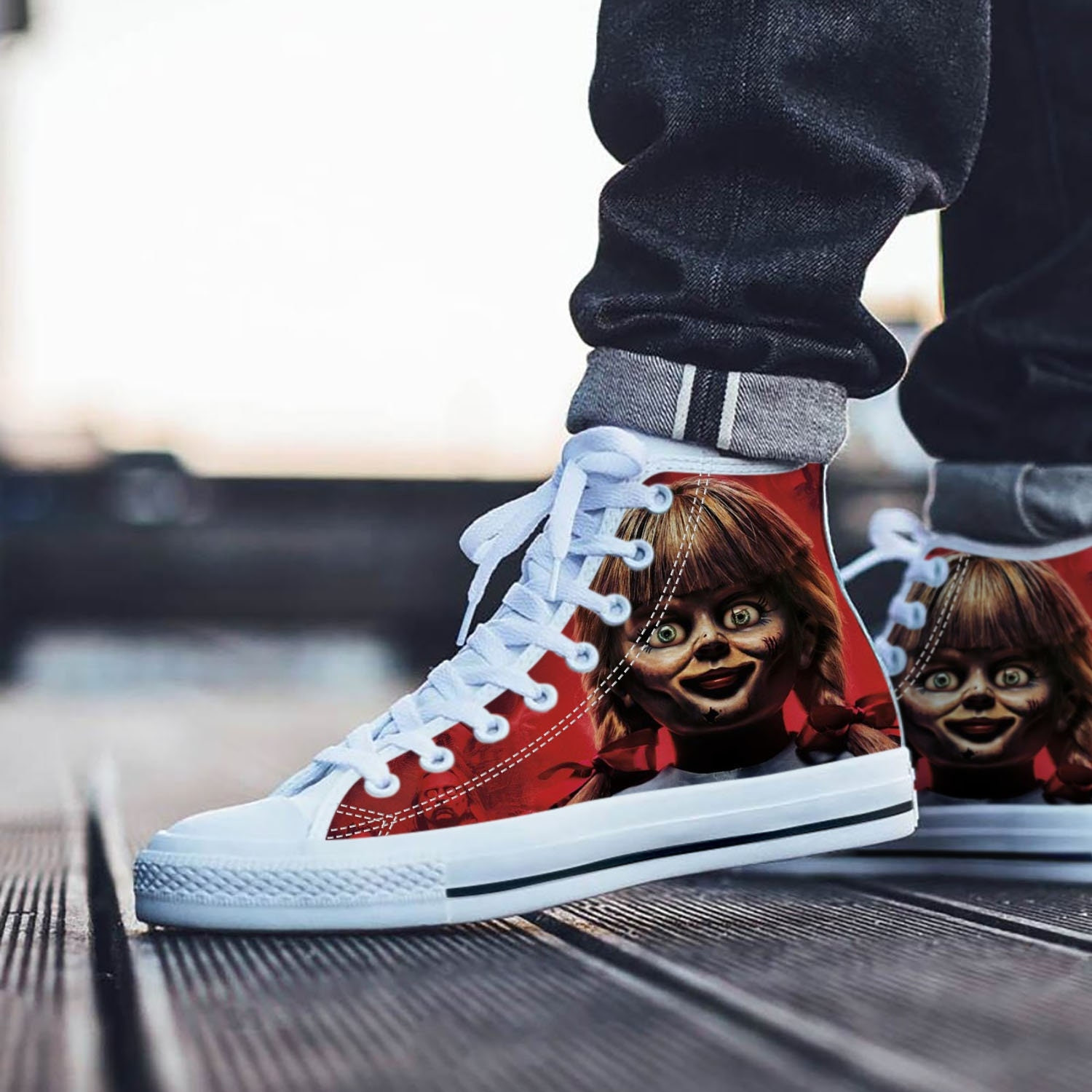 Annabelle Shoes, Annabelle High Top Sneaker, Horror Fan Converse style hightop, custom shoe, mom dad child shoe