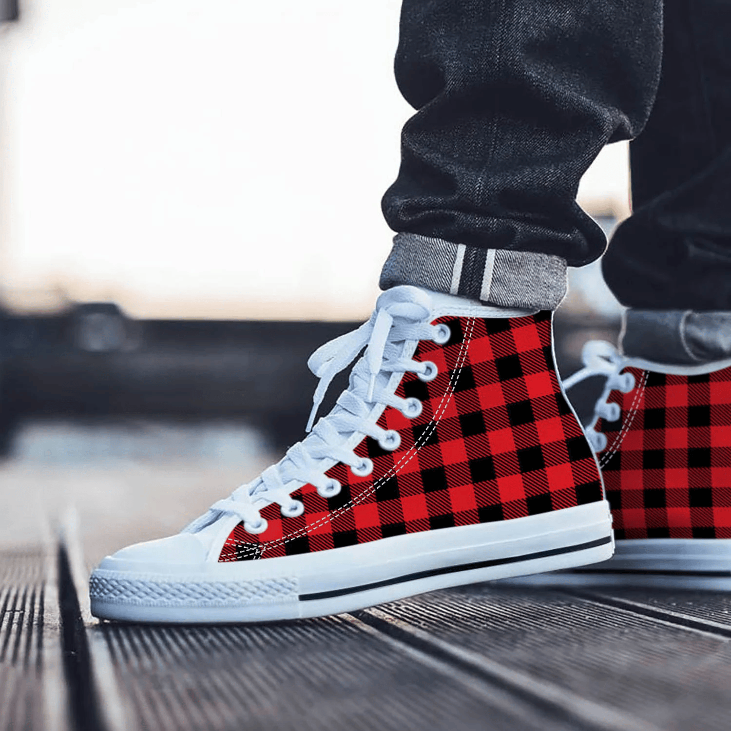 Plaid Shoes, Plaid High Top Sneaker, Red Black Converse style hightop, custom shoe, mom dad child shoe