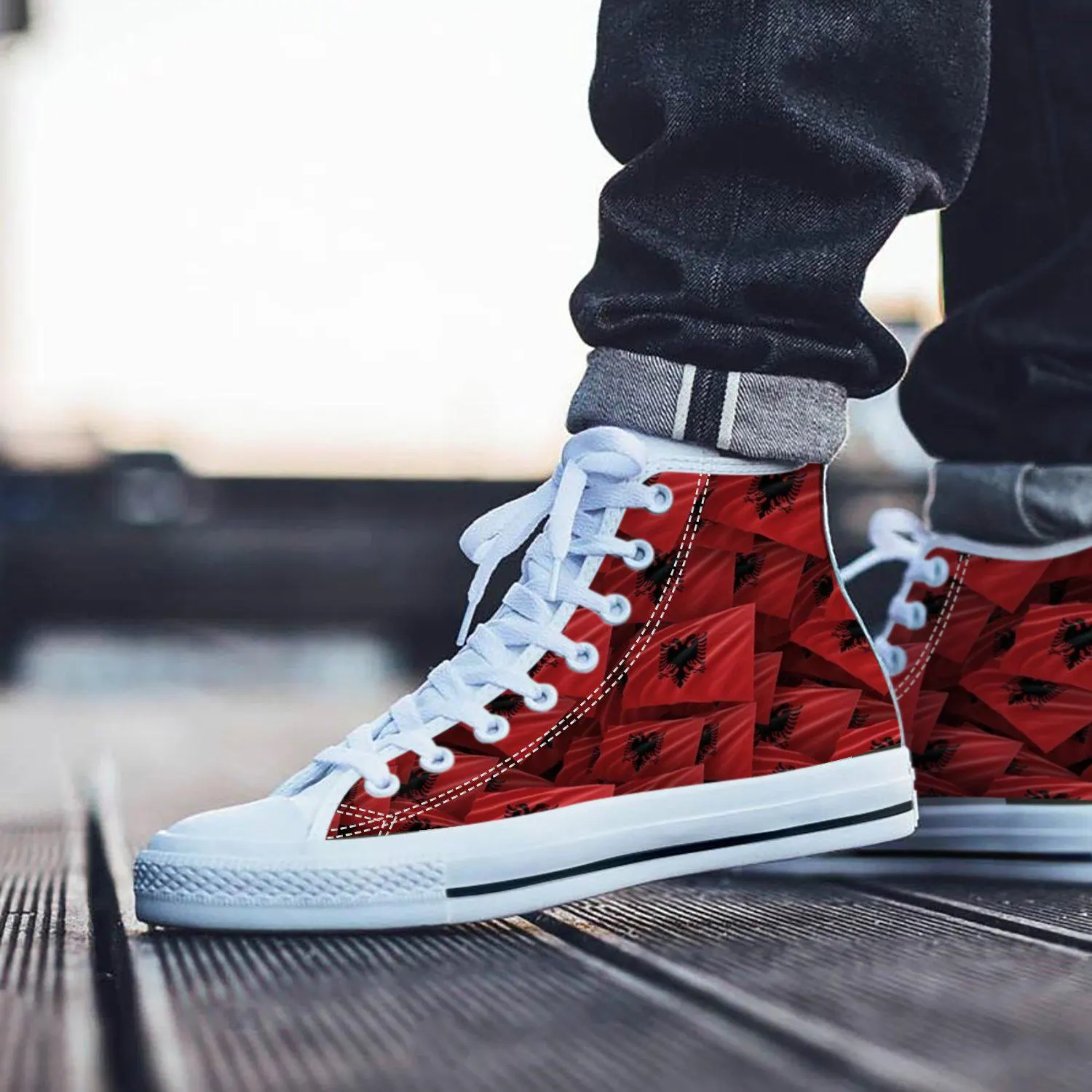 Albania Flag Converse Style Shoes, Unique Albania Flag Sneakers, Casual Athletic Footwear, Fashionable Country Pride Kicks
