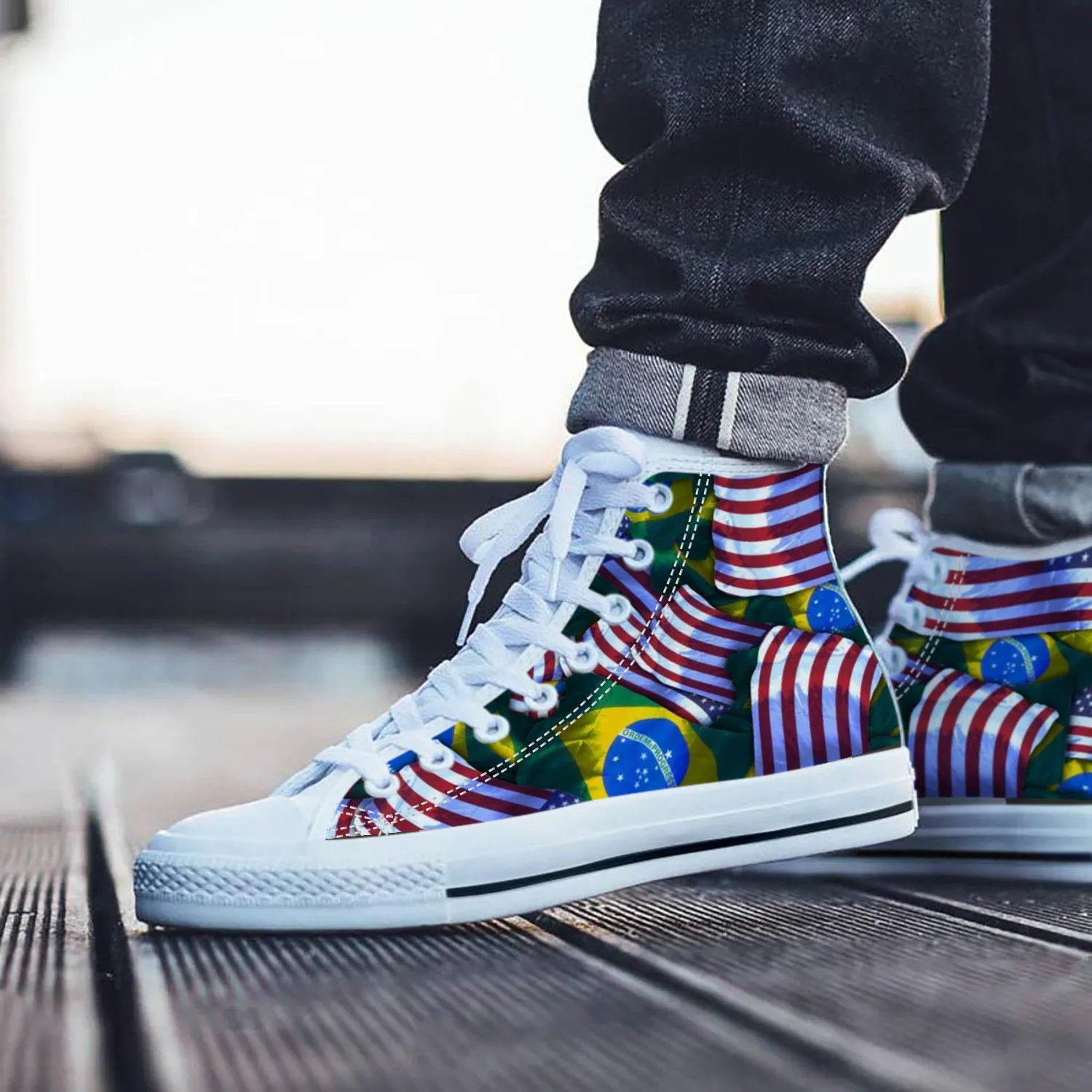 Converse Style Shoes, USA and Brazil Flag Shoes, Unique Flag Pattern Sneakers, Stylish Converse Inspired Footwear, Trendy Casual Shoes