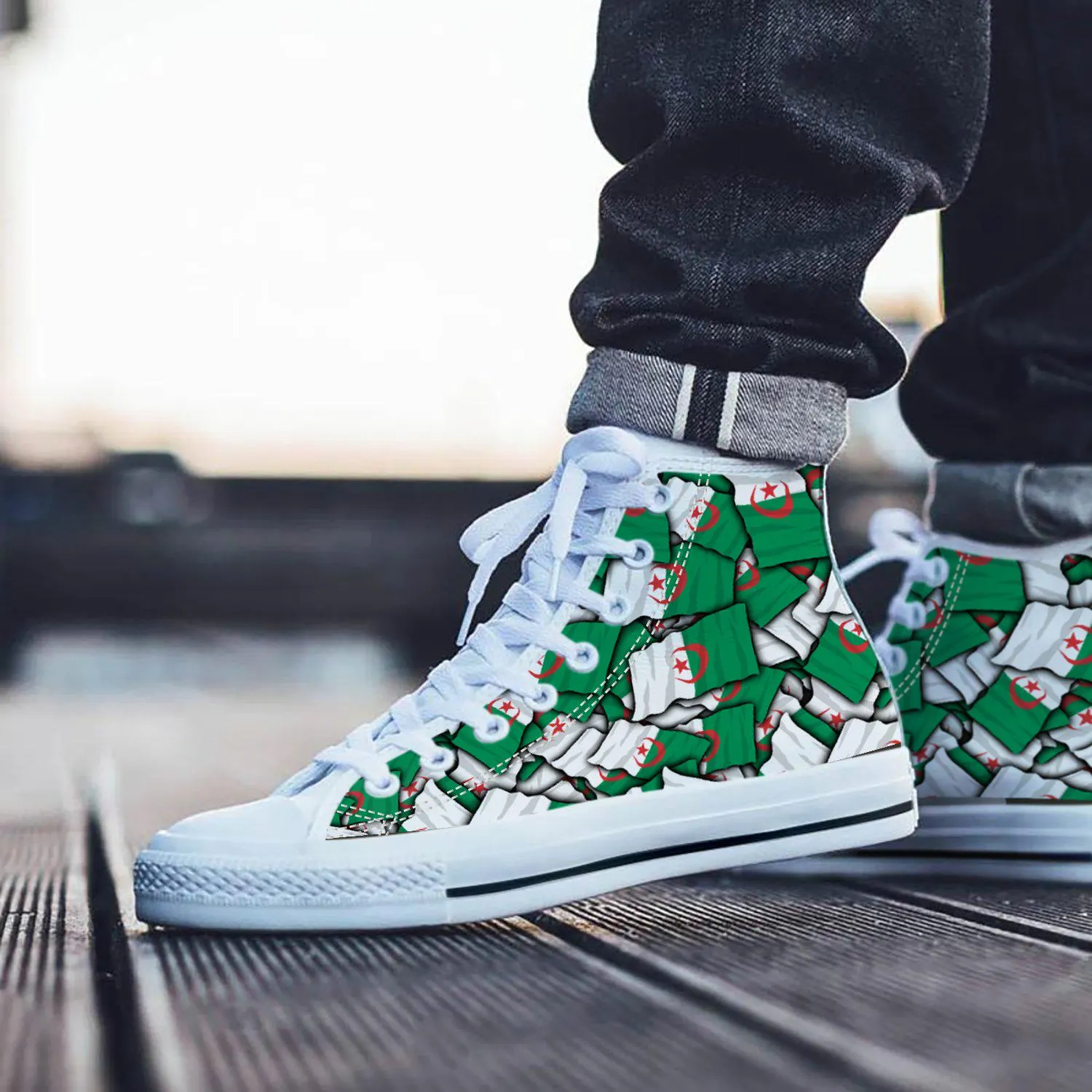 Algeria Flag Converse Style Shoes, Custom Algerian Flag Pattern Sneakers, Stylish Algeria Themed Footwear, Converse Style Shoes Algeria