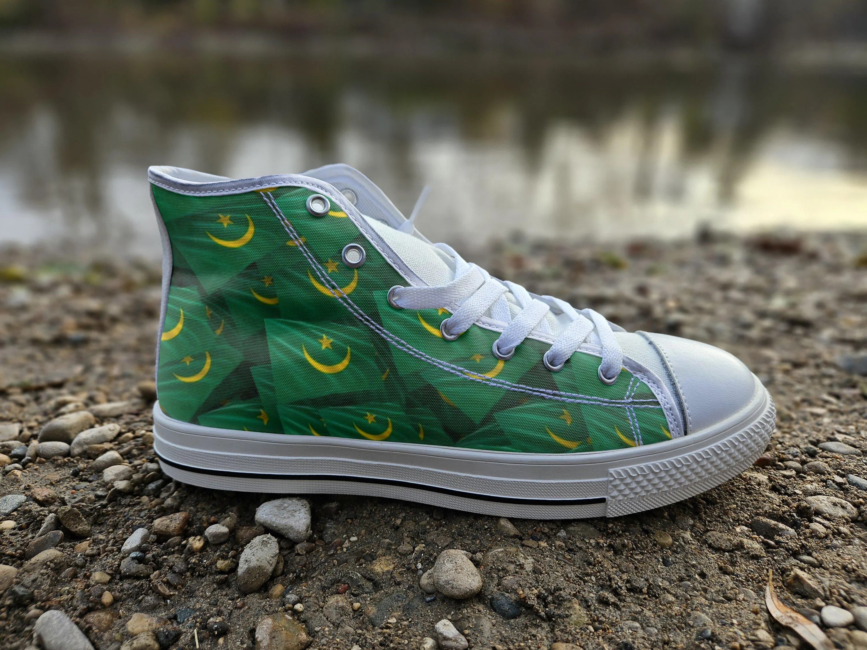 Mauritania Flag Converse Style Canvas Sneakers, Mauritania Converse Style High Tops, Comfort Walking Shoes, Mauritania Pattern Shoes mens