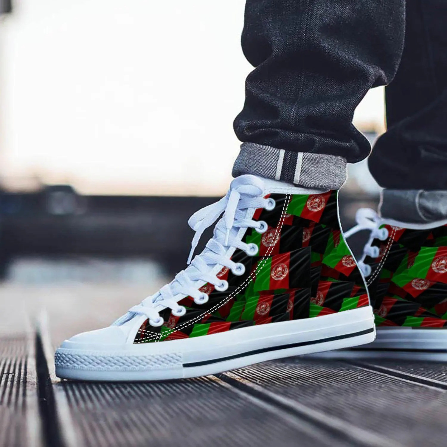 Afghanistan Flag Converse Style Shoes, Unique Afghan Themed Sneakers, Stylish Flag Print Footwear, Trendy Afghanistan Shoes