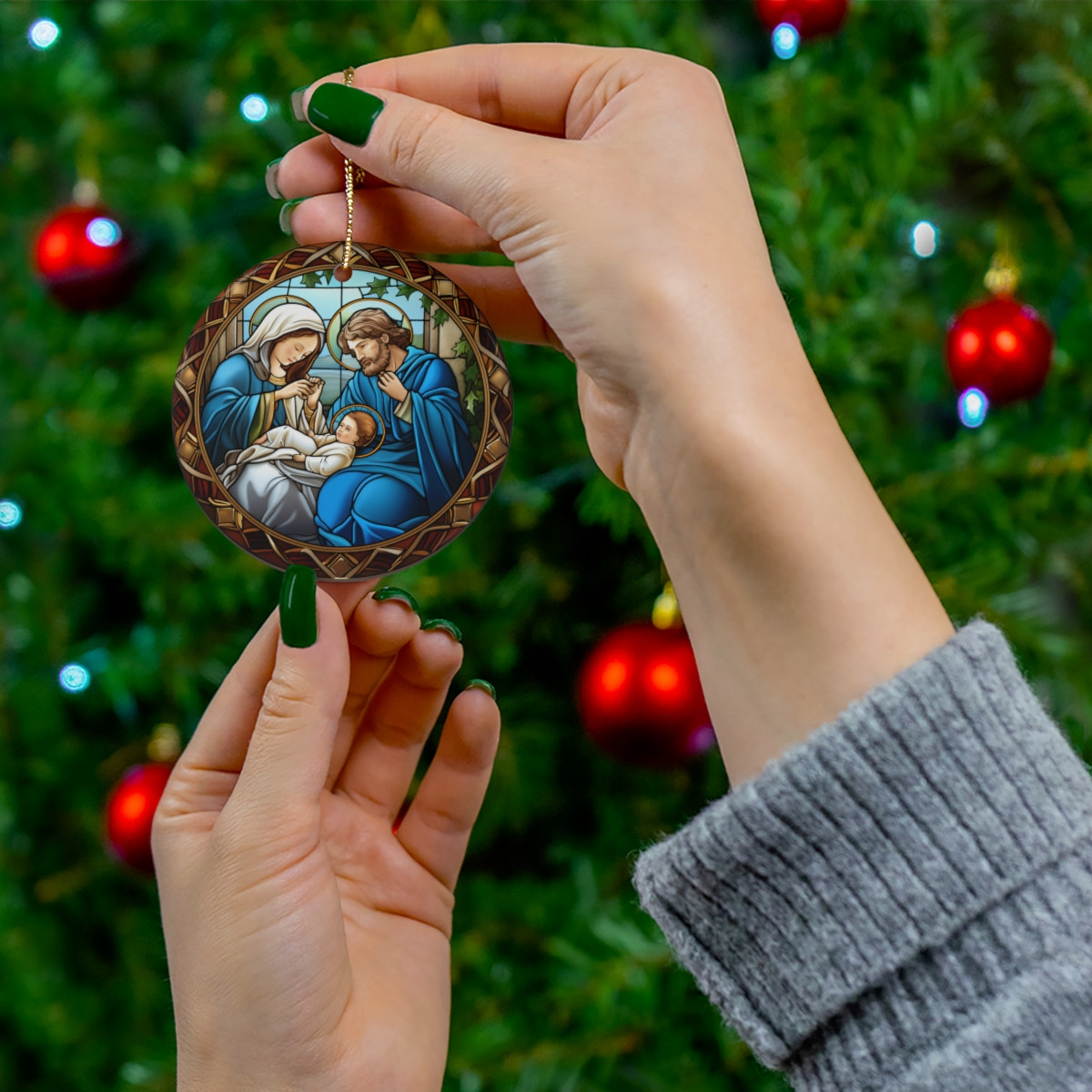 Nativity Christmas Ornament, Christmas 2023 Ornament Jesus ornament Stained Glass Style Ceramic Ornament Religious Holiday Gift