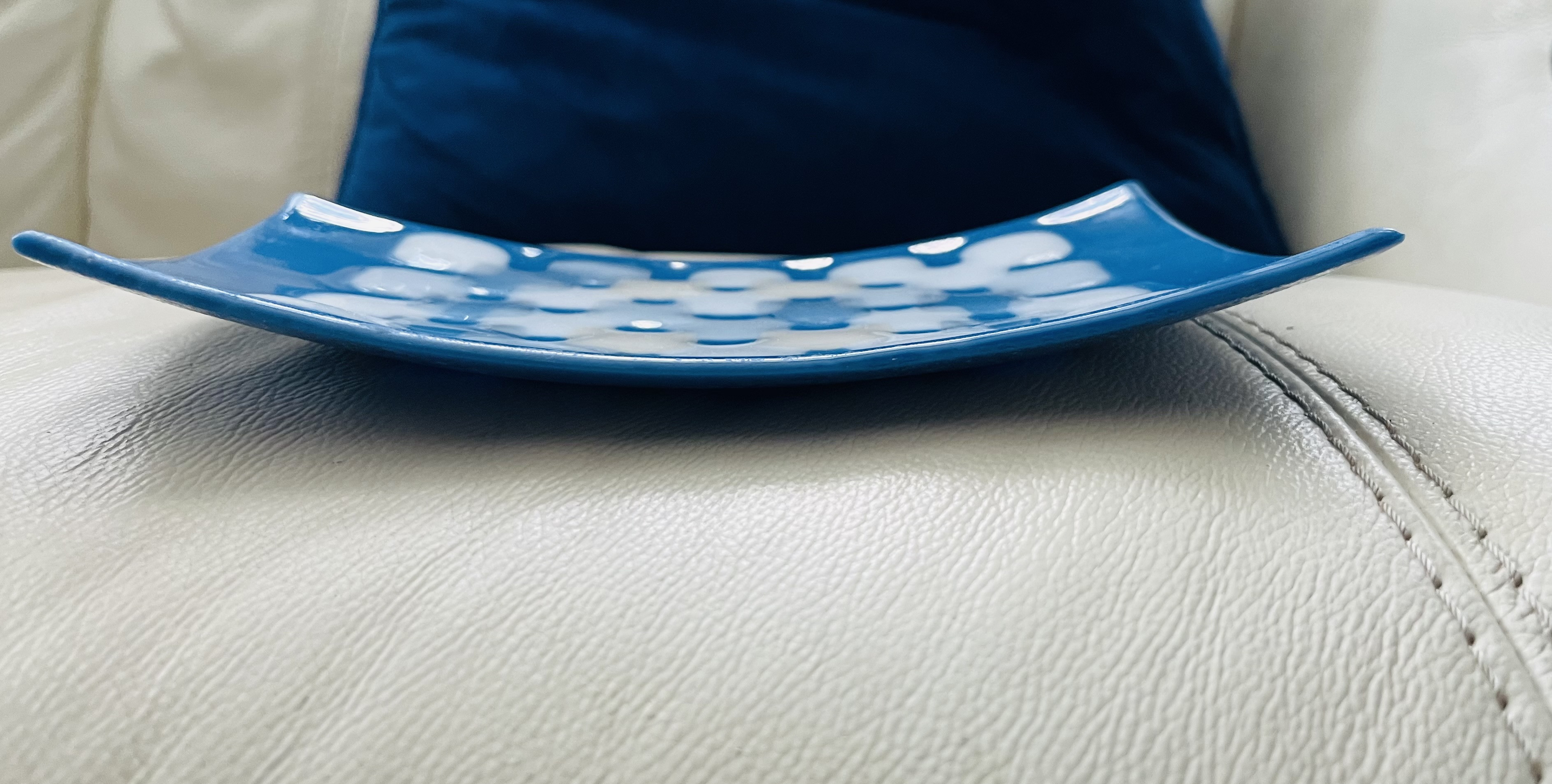 Check white and blue candle holder / shallow dish
