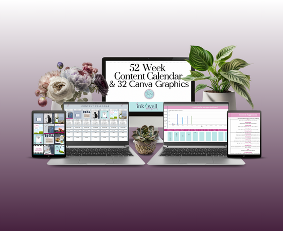 52 Week Content Calendar & 32 Canva Graphics
