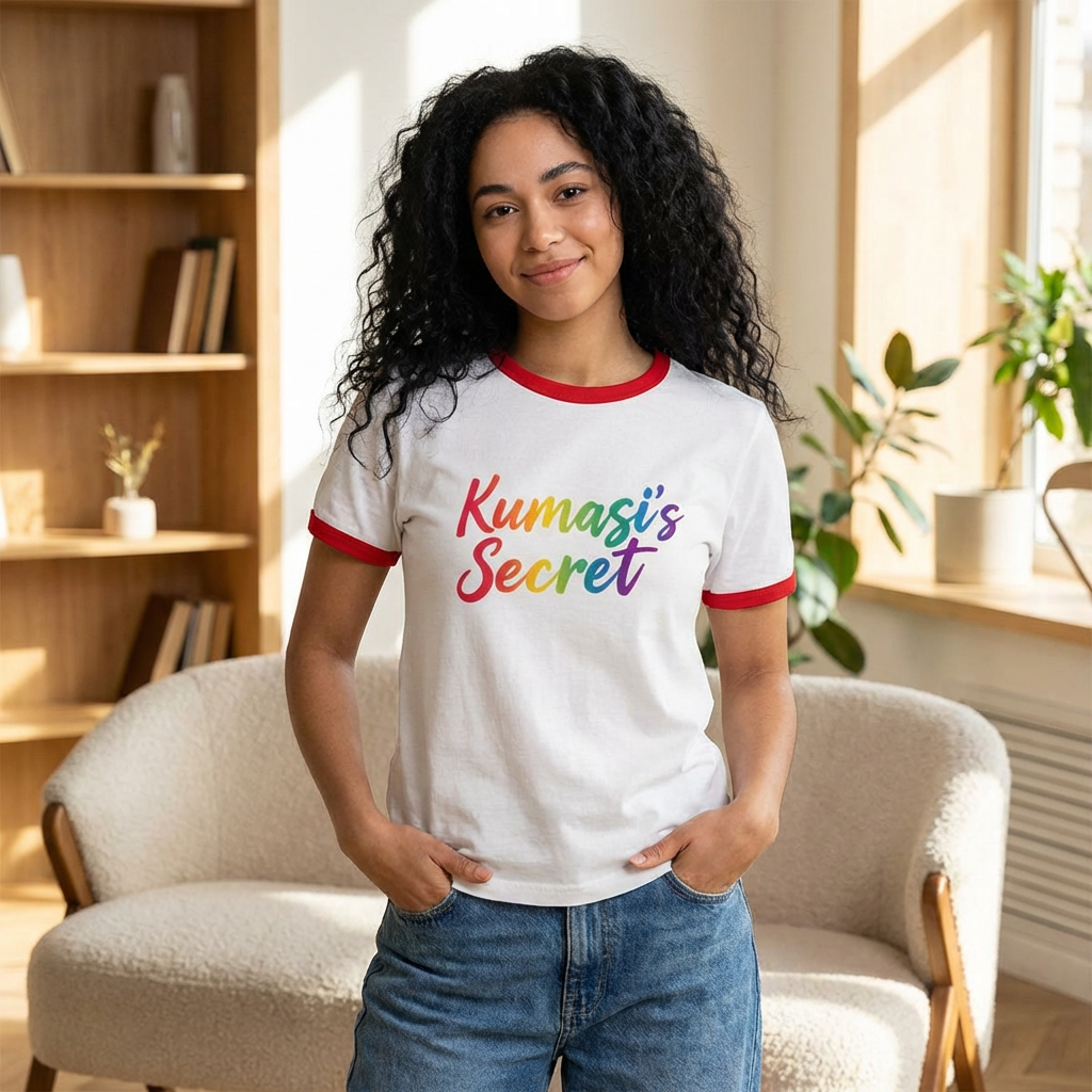 Kumasi's Secret Ringer Tee | Rainbow Script T-Shirt