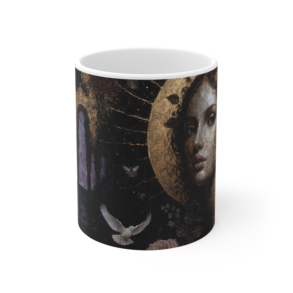 Renaissance Haloed Woman Mug | Vintage Portrait, Dove & Floral Motif