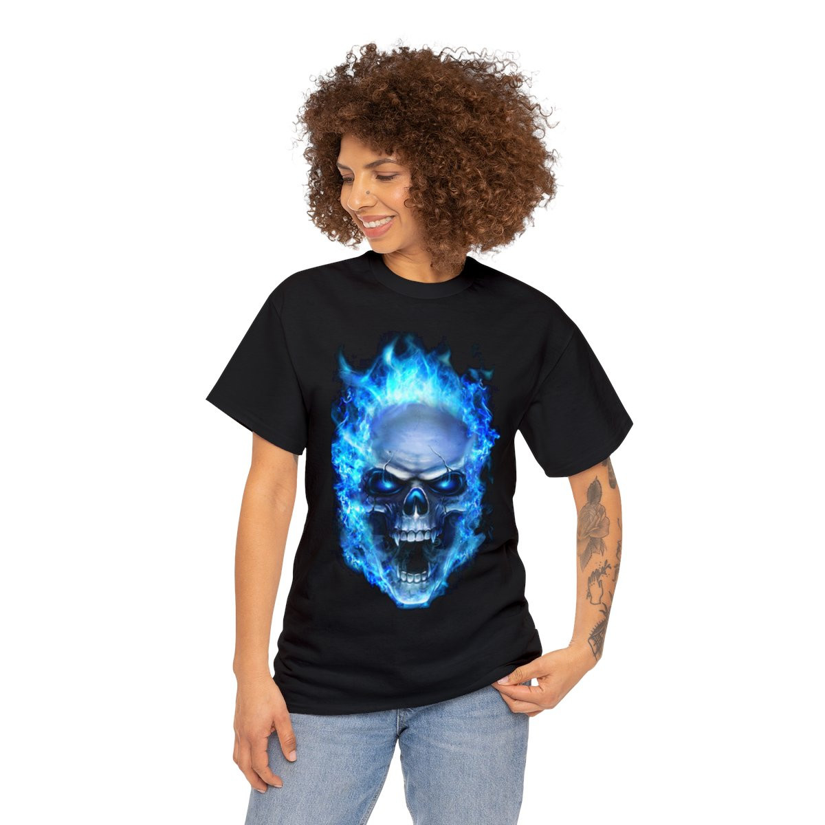 Flaming Demon Skull Blue Short Sleeve Tee
