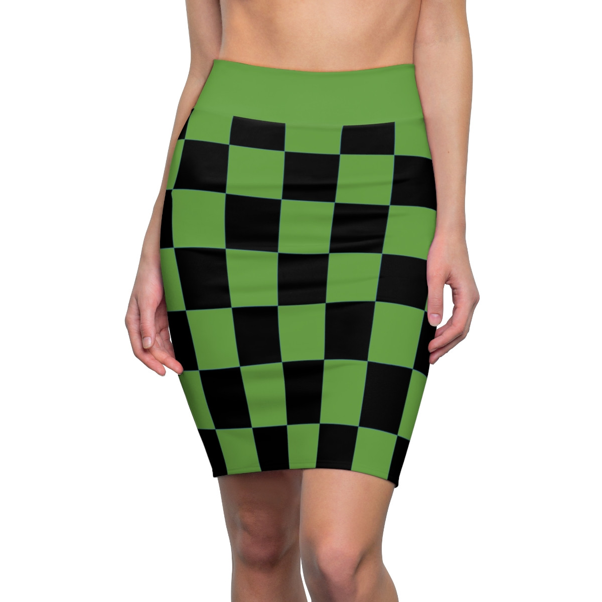 Charisma Girls Checker Board 5 Design Black on Lt Green Women's Pencil Skirt (AOP)