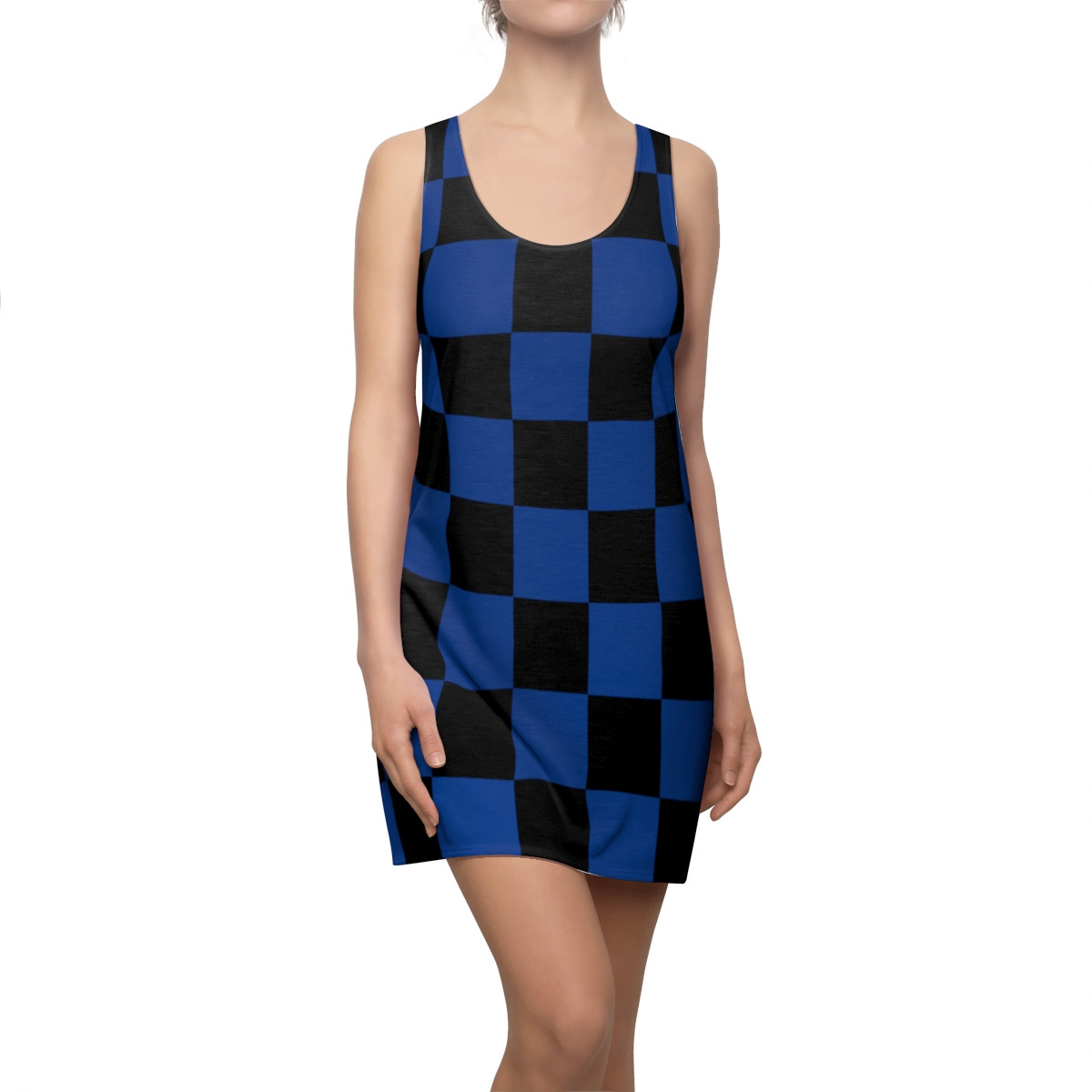 Charisma Girls Checker Board Series Design 4 Black on Blue Women's Cut & Sew Racerback Dress (AOP)
