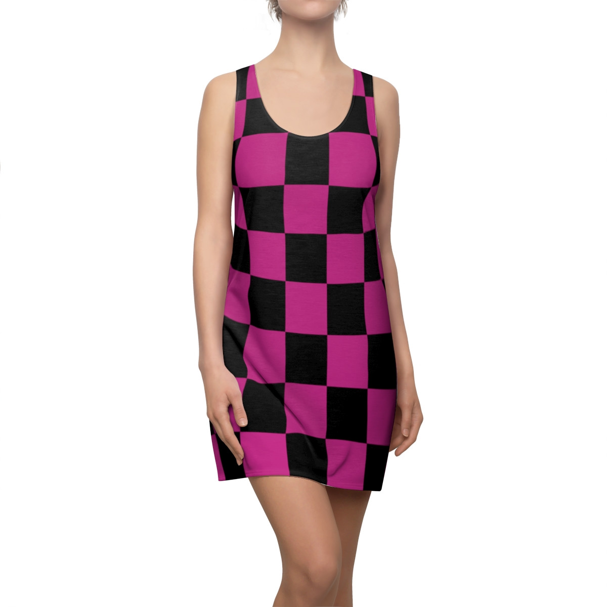 Charisma Girls Checker Board Series Design 4 Black on Pink Women's Cut & Sew Racerback Dress (AOP)