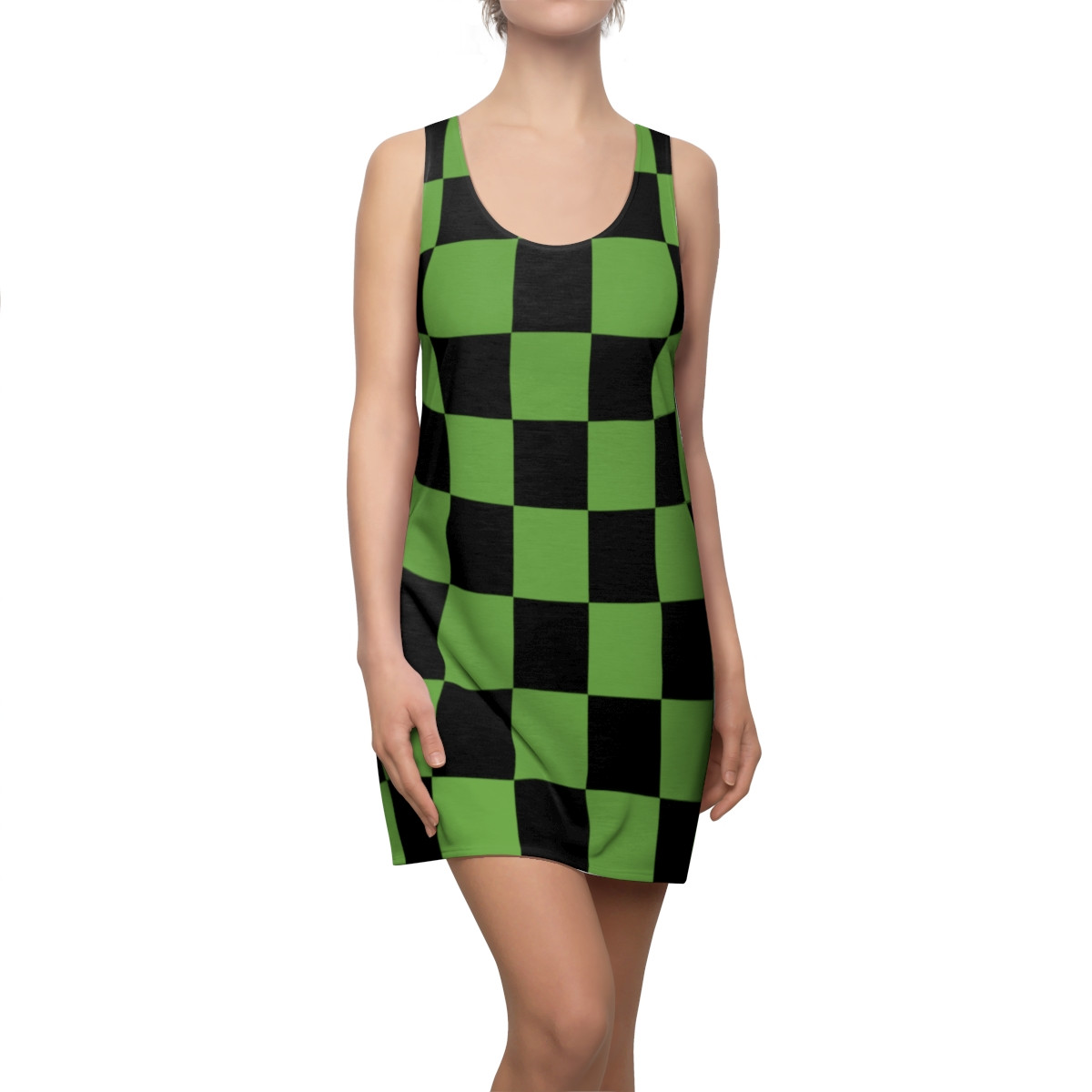 Charisma Girls Checker Board Series Design 4 Black on Lt Green Women's Cut & Sew Racerback Dress (AOP)