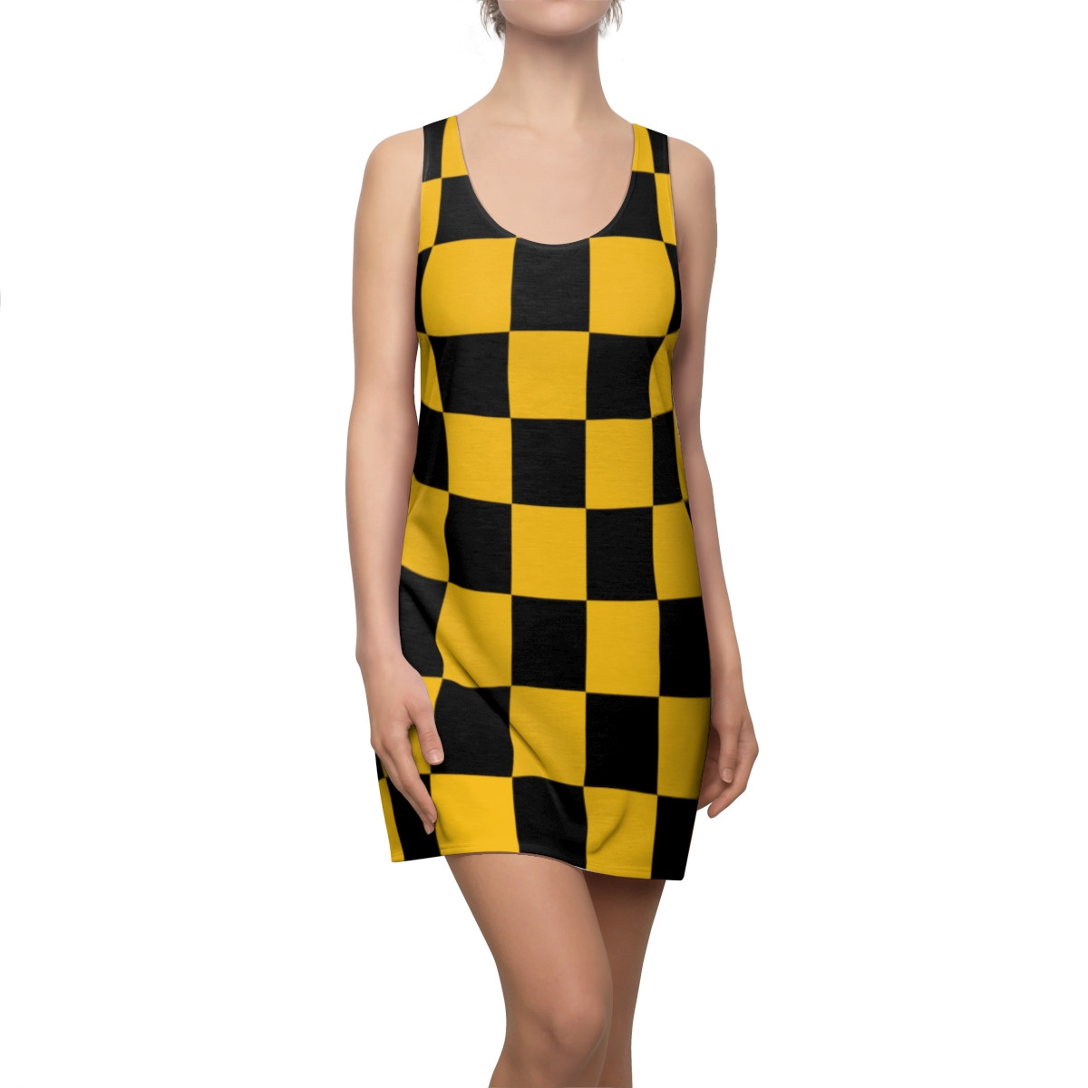 Charisma Girls Checker Board Series Design 4 Black on Yellow Women's Cut & Sew Racerback Dress (AOP)