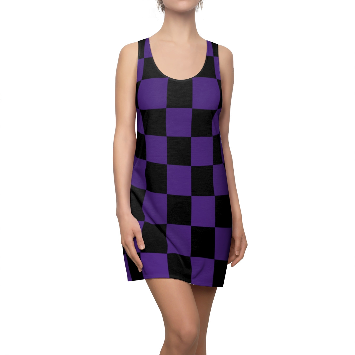 Charisma Girls Checker Board Series Design 4 Black on Purple Women's Cut & Sew Racerback Dress (AOP)