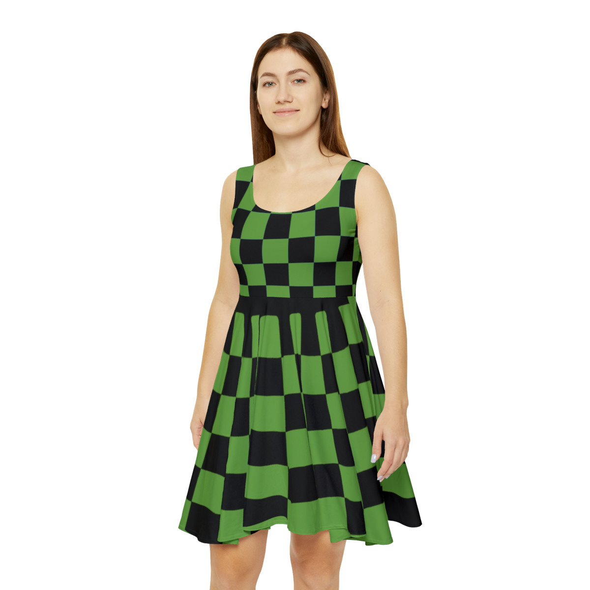 Charisma Girls Checker Board Black on Lt Green Women's Skater Dress (AOP)