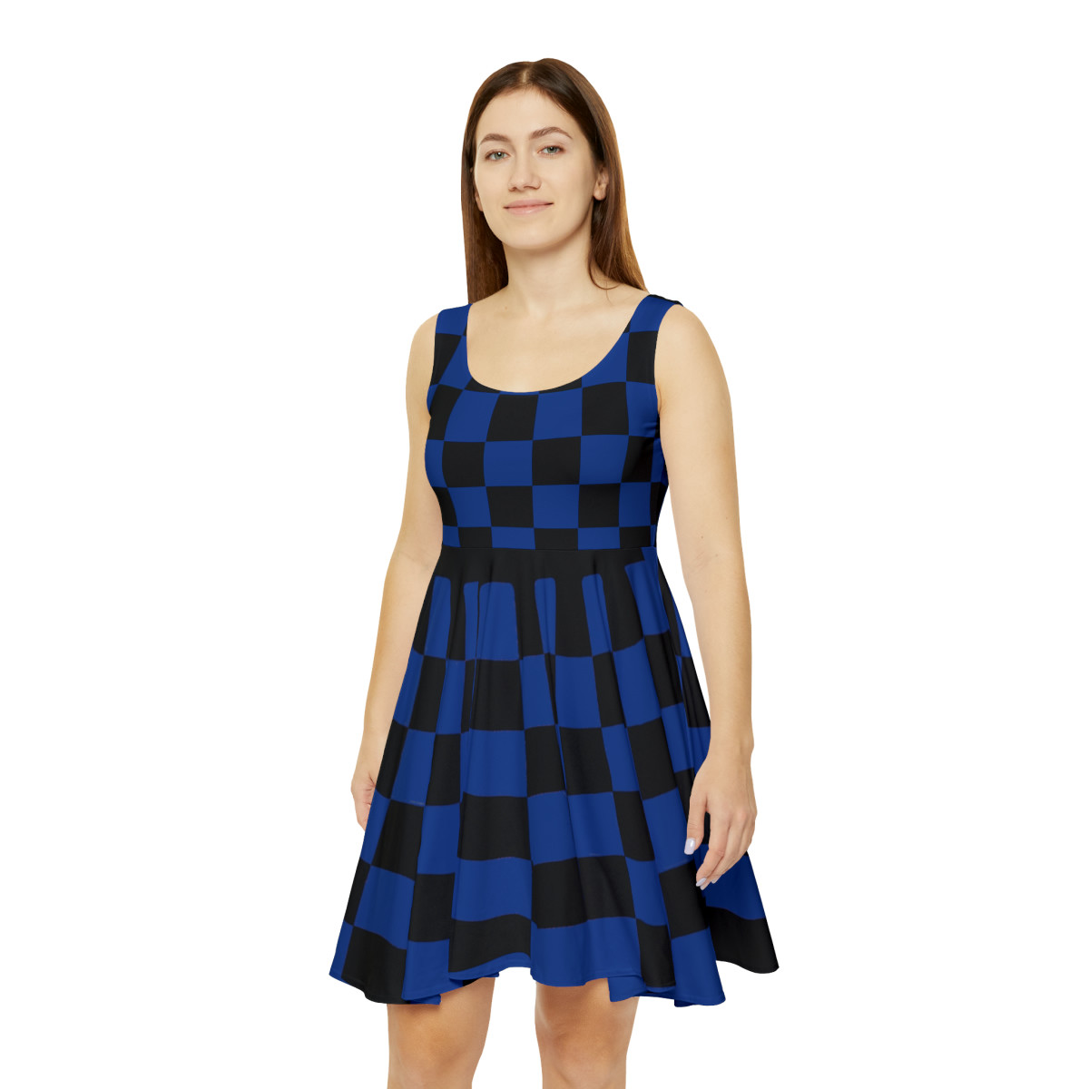 Charisma Girls Checker Board Black on Blue Women's Skater Dress (AOP)