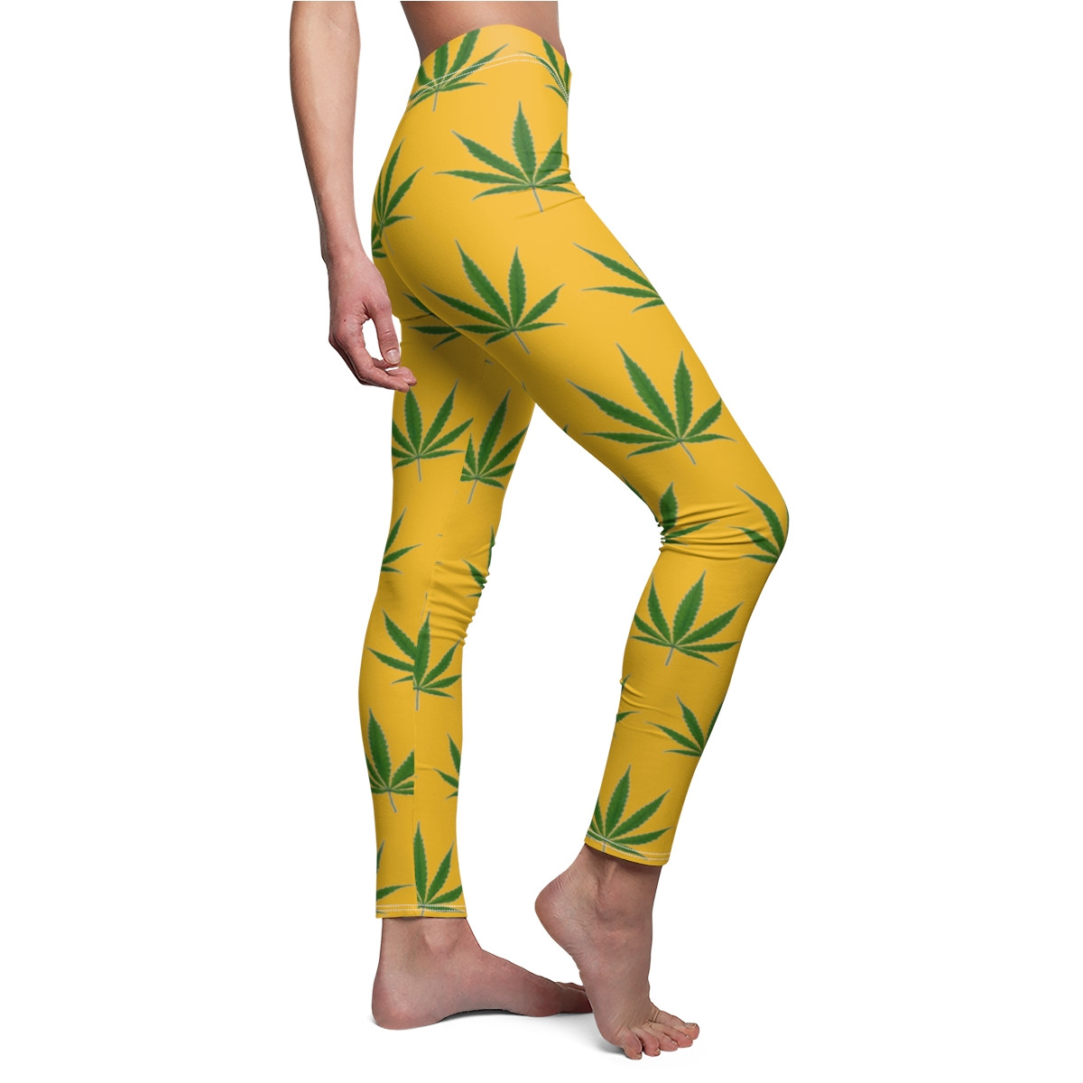 Charisma Pot Leafs Design 1 on Yellow Women's Cut & Sew Casual Leggings (AOP)