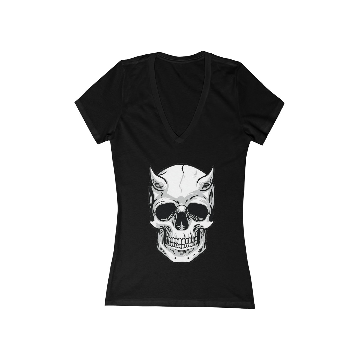 Charisma Girls Goth Series Demon Skull on Black Women's Jersey Short Sleeve Deep V-Neck Tee