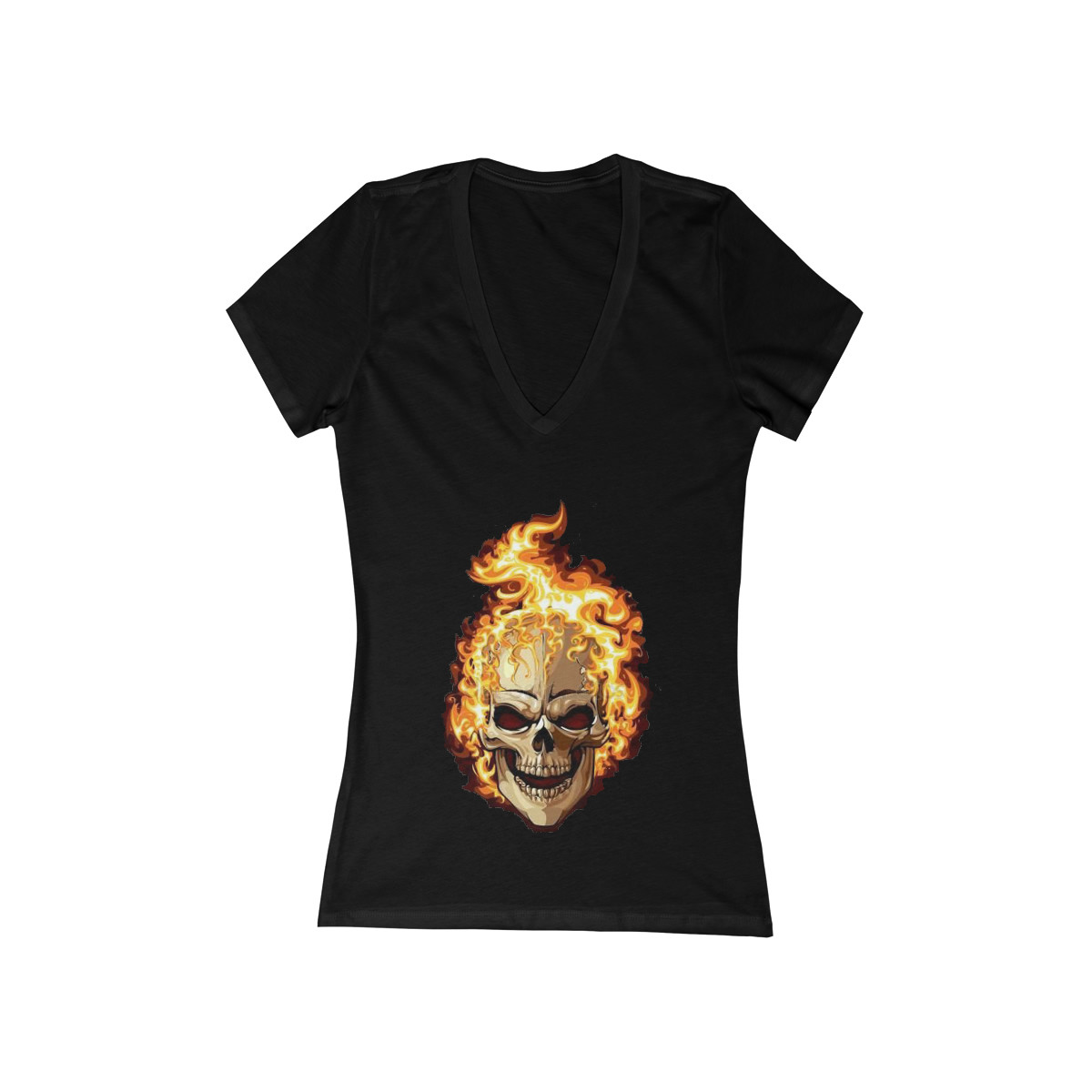 Charisma Girls Goth Series Flaming Skull on Black Women's Jersey Short Sleeve Deep V-Neck Tee