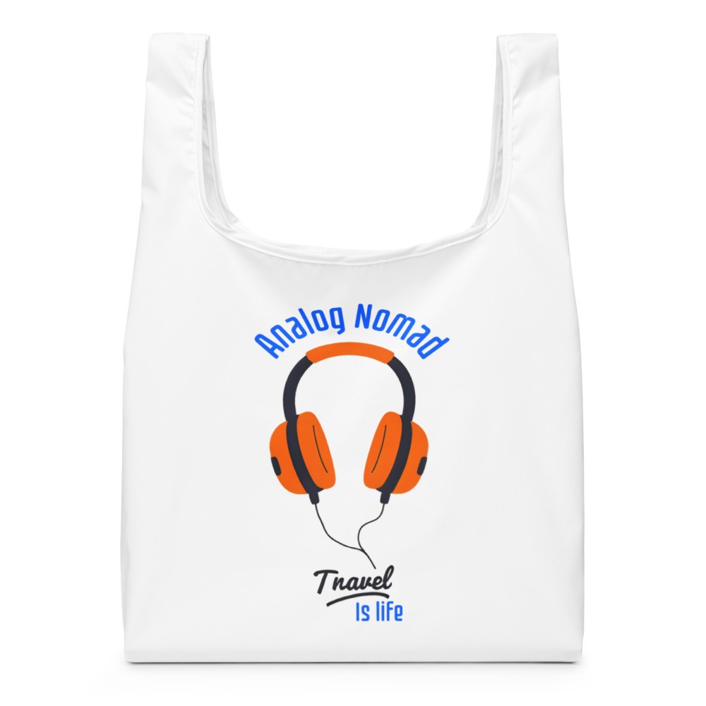 Analog Nomad with Headphones "Travel is Life" Tote Bag